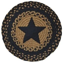Appliquéd Star Braided Round Table Mat Black Tan Country Primitive Décor