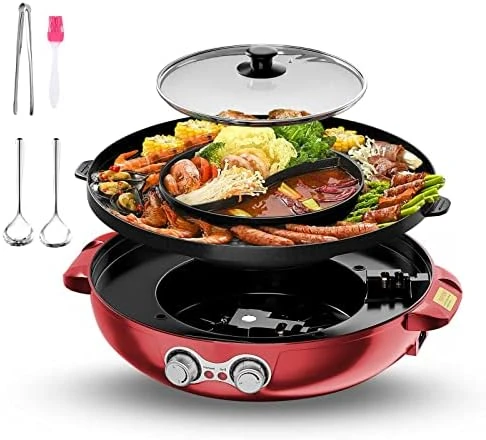 Hot Pot With Grill, Electric Hot Pot With Dual Temperature Control, Hotpot Pot Electric Grill Shabu Shabu Pot Korean Bbq Grill Smokeless For Simmer, Boil, Fry, Roast, Red 8 Hot Pot With Grill, Electric Hot Pot With Dual Temperature Control, Hotpot Pot Electric Grill Shabu Shabu Pot Korean Bbq Grill Smokeless For Simmer, Boil, Fry, Roast, Red - Image 6