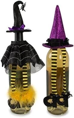 E-Living Halloween Wine Bottle Covers, Orange & Green Spider Cape W/Black Witch Outfit -Wilton Shop 51kLoDogLoL. AC