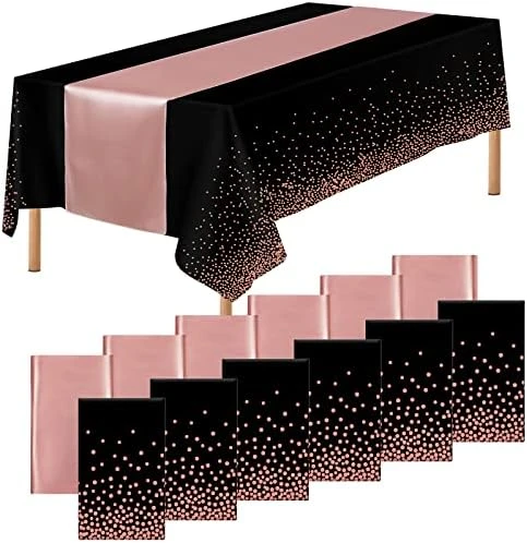 6 Pack Satin Sequin Table Runner, 6 Pack Tablecloth Set 12x108 Inch Smooth Table Runner 54x108 Inch Plastic Table Cover For Party Birthday Wedding Decor, Black And Rose Gold 10 6 Pack Satin Sequin Table Runner, 6 Pack Tablecloth Set 12x108 Inch Smooth Table Runner 54x108 Inch Plastic Table Cover For Party Birthday Wedding Decor, Black And Rose Gold - Image 8