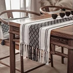 Farmhouse Table Runner 108 Inches Long, Boho Rectangle With Tassels Table Runners, Woven Cotton Table Runner Rustic Style Linen Table Runner Holiday Party Dining Room Dresser Décor (Black) -Wilton Shop 51muz7CWOEL. AC