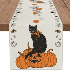 Halloween Black Cat Table Runner Jack-O-Lantern Fall Orange Pumpkin Burlap Autumn Seasonal Table Runners Kitchen Dining Table Center Decor For Home Party Fireplace In/Outdoor(13x72 In) -Wilton Shop 51mv euuKCL. AC