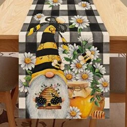 Spring Bee Gnome Table Runner, Honey Black White Buffalo Plaid Check Home Kitchen Dining Decor, Summer Seasonal Farmhouse Daisy Decorations Indoor Outdoor Anniversary Party Supply 13 X 72 Inch