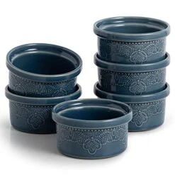 Ramekins, Lace Emboss Ramekin 8 Oz Oven Safe, Creme Brulee Set Of 6, Ceramic Souffle Dish For Baking Dessert And Cake (Navy Blue)