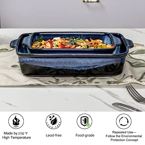Casserole Baking Dish Set - Ceramic Lasagna Loaf Pans, Oven Safe Rectangular Bakerware Set With Handle For Kitchen Cooking, Bread, Brownies, Banquet And Dinner 11 X 7'' - 2 Piece, Blue 7 Casserole Baking Dish Set - Ceramic Lasagna Loaf Pans, Oven Safe Rectangular Bakerware Set With Handle For Kitchen Cooking, Bread, Brownies, Banquet And Dinner 11 X 7'' - 2 Piece, Blue - Image 5