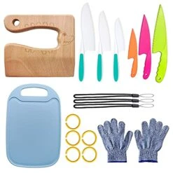 16 Pcs Wooden Kids Kitchen Knife,Kids Safe Knife Set Kids Wooden Knife With Pair Cut Resistant Gloves (Ages 3-12) & Kids Cutting Board,For Fruit, Cake, Salad (Blue)