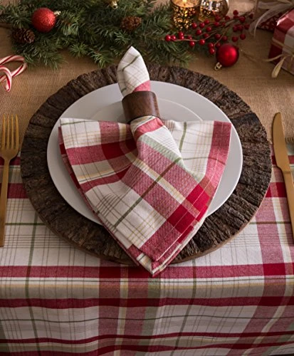 Orchard Plaid Collection Linen Tabletop Essentials, Tablecloth, 70" Round, Taupe/Red 7 Orchard Plaid Collection Linen Tabletop Essentials, Tablecloth, 70" Round, Taupe/Red - Image 5