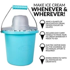 Electric Ice Cream Maker, 4 Quarts, Soft Serve Machine With Easy-Carry Handle For Ice Cream, Frozen Yogurt Or Gelato, Blue