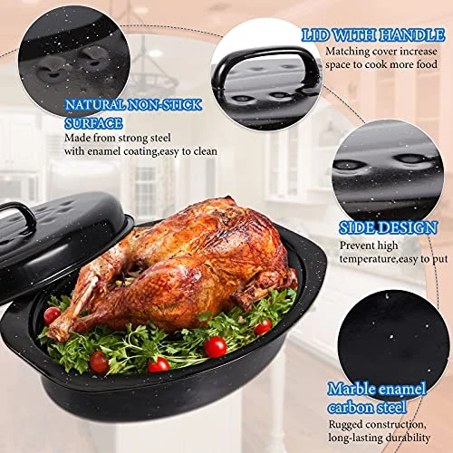 Granite Roaster Pan 13 Inch Multi Use Oval Roaster With Lid Small Granite Roaster Pot For Turkey, Small Chicken, Roast Baking Pan, Black Speckled Enamel Cookware, Roast 7 Lb Birds 7 Granite Roaster Pan 13 Inch Multi Use Oval Roaster With Lid Small Granite Roaster Pot For Turkey, Small Chicken, Roast Baking Pan, Black Speckled Enamel Cookware, Roast 7 Lb Birds - Image 5