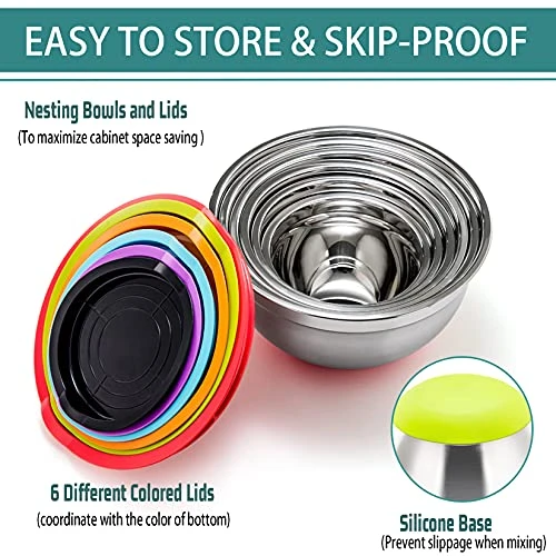 Mixing Bowls With Lids, Set Of 6, Stainless Steel Nesting Mixing Bowls & Fitting Lids & Non-Slip Silicone Bottom, Ideal For Mixing, Storing, Food Preparation 4 Mixing Bowls With Lids, Set Of 6, Stainless Steel Nesting Mixing Bowls & Fitting Lids & Non-Slip Silicone Bottom, Ideal For Mixing, Storing, Food Preparation - Image 2