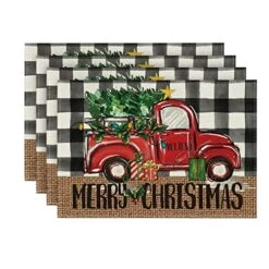 Buffalo Plaid Truck Merry Christmas Placemats Set Of 4, 12x18 Inch Xmas Tree Winter Table Mats For Party Kitchen Dining Decoration