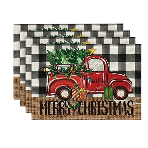 Buffalo Plaid Truck Merry Christmas Placemats Set Of 4, 12x18 Inch Xmas Tree Winter Table Mats For Party Kitchen Dining Decoration 3 Buffalo Plaid Truck Merry Christmas Placemats Set Of 4, 12x18 Inch Xmas Tree Winter Table Mats For Party Kitchen Dining Decoration
