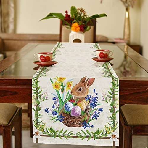 Easter Cute Rabbit Green Leaves Table Runner Burlap Wild Flowers Bunny Eggs Table Runners Spring Summer Seasonal Kitchen Dining Table Center Decor For Home Party Indoor Outdoor 13x72 Inch 5 Easter Cute Rabbit Green Leaves Table Runner Burlap Wild Flowers Bunny Eggs Table Runners Spring Summer Seasonal Kitchen Dining Table Center Decor For Home Party Indoor Outdoor 13x72 Inch - Image 3