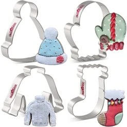 Winter Holiday Christmas Cookie Cutter Set - 4 Piece - Ugly Sweater, Stocking, Hat And Mitten Fondant Biscuit Cutters - Stainless Steel