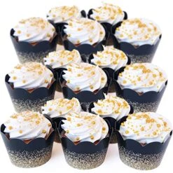 Black Cupcake Wrappers 50 Count - Adjustable Graduation Cupcake Wrappers | Black Cupcake Holders | Black And Gold Cupcake Wrappers | Cupcake Wrappers Black | Printed Glitter -Wilton Shop 51qrIo708vL