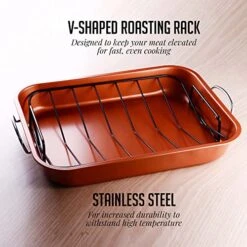 Ovente Kitchen Oven Roasting Pan Nonstick Carbon Steel Baking Tray With V-Shaped Design Rack And Carving Knife Set, Easy Clean Dishwasher Safe & Cooking Roasting Turkey, Chicken, Copper CWR24619CO -Wilton Shop 51rSjzuJDfL