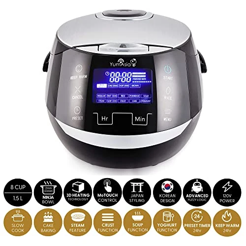 Asia Sakura Rice Cooker With Ceramic Bowl And Advanced Fuzzy Logic (8 Cup, 1.5 Litre) 6 Rice Cook Functions, 6 Multicook Functions, Motouch LED Display, 120V Power (Black And Silver) 3 Asia Sakura Rice Cooker With Ceramic Bowl And Advanced Fuzzy Logic (8 Cup, 1.5 Litre) 6 Rice Cook Functions, 6 Multicook Functions, Motouch LED Display, 120V Power (Black And Silver)
