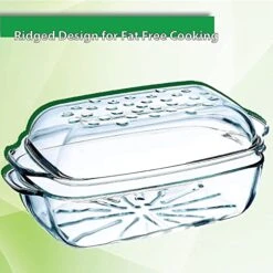 Clear Glass Rectangle Roaster Pan With Lid, Raised Ridges For Fat Free Cooking, Durable Borosilicate Glass, Microwave And Dishwasher Safe, Made In Europe, 3 Qt Oblong Baking Dish -Wilton Shop 51sXE2gVphL