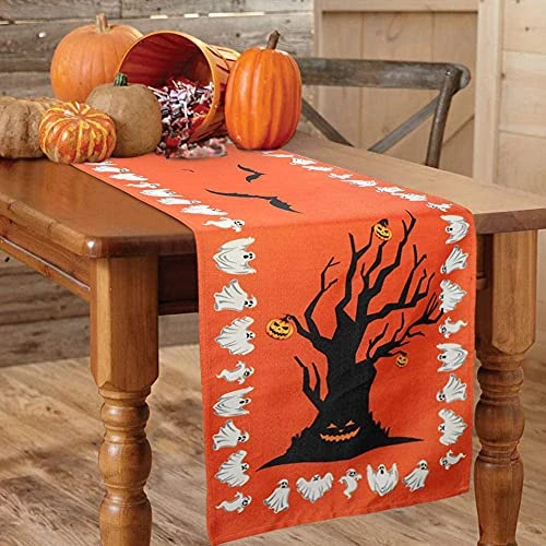 Halloween Table Runner Linen Bats Table Cover, Pumpkin And Ghost Table Runner For Halloween Table Decorations And Scary Movie Nights, 16 × 74 Inch 3 Halloween Table Runner Linen Bats Table Cover, Pumpkin And Ghost Table Runner For Halloween Table Decorations And Scary Movie Nights, 16 × 74 Inch