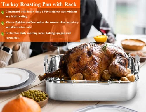 Stainless Steel Roasting Pan With Rack, 16.5 Inch Rectangular Turkey Roaster Lasagna Pan For Roasting Turkey, Chicken, Meat & Vegetables, Non-toxic & Heavy Duty, Easy Clean & Dishwasher Safe 5 Stainless Steel Roasting Pan With Rack, 16.5 Inch Rectangular Turkey Roaster Lasagna Pan For Roasting Turkey, Chicken, Meat & Vegetables, Non-toxic & Heavy Duty, Easy Clean & Dishwasher Safe - Image 3