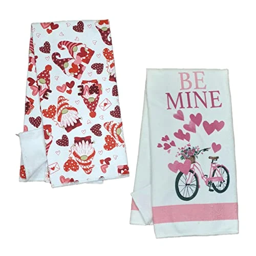 Valentine's Day Heart Plenty Gnome Love & Be Mine Bicycle Flower Bouquet Lightweidht Decorative Kitchen Dish Towel Set Of 2 + Bonus Item 3 Valentine's Day Heart Plenty Gnome Love & Be Mine Bicycle Flower Bouquet Lightweidht Decorative Kitchen Dish Towel Set Of 2 + Bonus Item