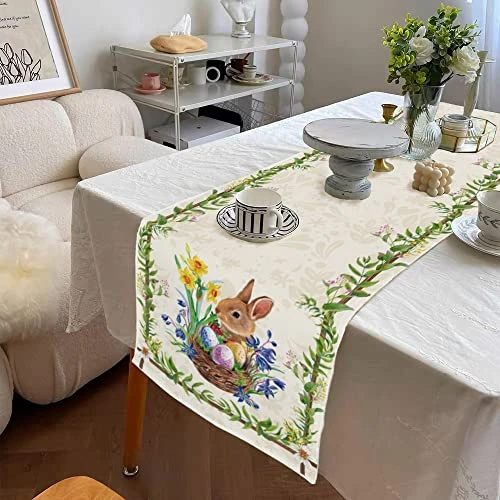 Easter Cute Rabbit Green Leaves Table Runner Burlap Wild Flowers Bunny Eggs Table Runners Spring Summer Seasonal Kitchen Dining Table Center Decor For Home Party Indoor Outdoor 13x72 Inch 4 Easter Cute Rabbit Green Leaves Table Runner Burlap Wild Flowers Bunny Eggs Table Runners Spring Summer Seasonal Kitchen Dining Table Center Decor For Home Party Indoor Outdoor 13x72 Inch - Image 2
