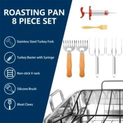 Jitsuryoku 8-Piece Stainless Steel Roasting Pan Set: 16"x13" Rectangular Turkey Roaster, Nonstick Rack, Meat Forks, Injector, Claws & Brush. Heavy Duty & Multi-Use, Dishwasher Safe -Wilton Shop 51tAHO3wVWL