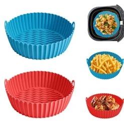 2 Pack Silicone Air Fryer Liners, PureGuard 8.5 Inch Air Fryer Silicone Basket Bowl Round Air Fryer Tray For 5QT Or Bigger Air Fryer Oven Accessories Heat Resistant Easy Cleaning Red + Blue