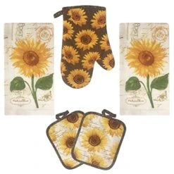 Golden Sunflower Kitchen Towel 5 Piece Linen Set 2 Towels 2 Pot Holders 1 Oven Mitt