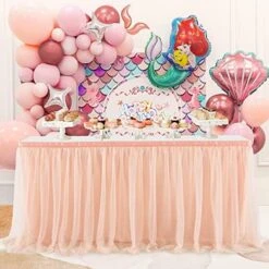 Pink Table Skirt Birthday Party Tulle Table Skirt Baby Shower Round And Rectangle Tutu Table Decoration Table Cloth For Girl Gender Reveal Wedding(L6(ft), H30in) -Wilton Shop 51u E NJviL. AC