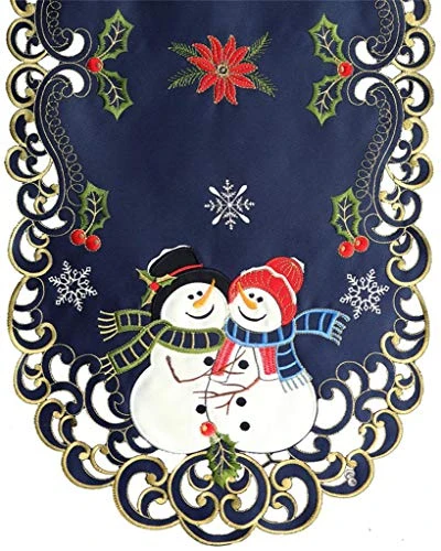 Holiday Christmas Table Runner Embroidered Snowman Snowflake Poinsettia Oval Dresser Scarf Blue Gold (15x34” Blue) Winter Decoration 4 Holiday Christmas Table Runner Embroidered Snowman Snowflake Poinsettia Oval Dresser Scarf Blue Gold (15x34” Blue) Winter Decoration - Image 2