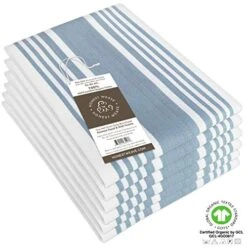 GOTS Certified Organic Cotton Kitchen Hand And Dish Towel Sets - Oversized 20x30 Inches, Fully Hemmed, In Designer Colors, 6-Pack, Dusty Blue Stripe