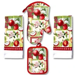 4 Pack Kitchen Linens Lightweight Decorative Kitchen Towel Oven Mitt & Potholder (Apple)