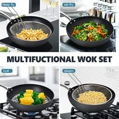 Hard Anodized Nonstick Wok With Lid, Cooking Wok Pan 12 Inch, Large Wok Pan With Flat Bottom, Induction Wok With Steamer Rack & Fry Basket, Woks And Stir Fry Pans - 5 Quart -Wilton Shop 51vDe267NuS