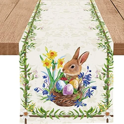 Easter Cute Rabbit Green Leaves Table Runner Burlap Wild Flowers Bunny Eggs Table Runners Spring Summer Seasonal Kitchen Dining Table Center Decor For Home Party Indoor Outdoor 13x72 Inch 9 Easter Cute Rabbit Green Leaves Table Runner Burlap Wild Flowers Bunny Eggs Table Runners Spring Summer Seasonal Kitchen Dining Table Center Decor For Home Party Indoor Outdoor 13x72 Inch - Image 7
