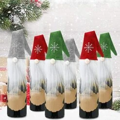 6 Sets Christmas Wine Bottle Cover Knit Sweater Wine Bottle Dress Santa Reindeer Snowman Wine Bottle Cover For Christmas Decorations Christmas Sweater Party Decorations (Style 9)