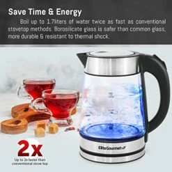 KT-602 Electric 1.7L BPA Free Glass Kettle Cordless 360° Base, Stylish Blue LED Interior, Handy Auto Shut-Off Function – Quickly Boil Water For Tea & More, Stainless Steel -Wilton Shop 51wF6fVSHGL