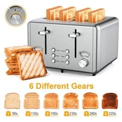 HALL 4 Slice Toaster Stainless Steel,Toaster-6 Bread Shade Settings,Bagel/Defrost/Cancel Function With Dual Control Panels,Extra Wide Slots,Removable Crumb Tray,for Various Bread Types 1500W 12 HALL 4 Slice Toaster Stainless Steel,Toaster-6 Bread Shade Settings,Bagel/Defrost/Cancel Function With Dual Control Panels,Extra Wide Slots,Removable Crumb Tray,for Various Bread Types 1500W -Wilton Shop 51wshbXNZyL
