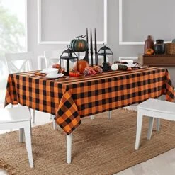 Use Living Fall Buffalo-Check Tablecloth, 52" X 70" Rectangle, Orange And Black