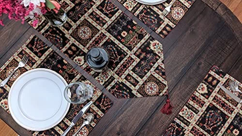 Rk Botanical Fleur Dining Table Tapestry Bundle - Set Of 8 Pieces Mughal Floral Ornate Colorful Black Cotton Linen Decor - 4 Placemats, 2 Table Runners, 2 Throw Pillow Covers (18197) 4 Rk Botanical Fleur Dining Table Tapestry Bundle - Set Of 8 Pieces Mughal Floral Ornate Colorful Black Cotton Linen Decor - 4 Placemats, 2 Table Runners, 2 Throw Pillow Covers (18197) - Image 2