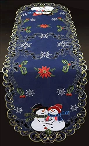 Holiday Christmas Table Runner Embroidered Snowman Snowflake Poinsettia Oval Dresser Scarf Blue Gold (15x34” Blue) Winter Decoration 6 Holiday Christmas Table Runner Embroidered Snowman Snowflake Poinsettia Oval Dresser Scarf Blue Gold (15x34” Blue) Winter Decoration - Image 4