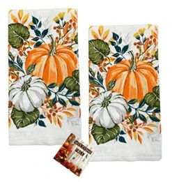 GENERIC Fall Kitchen Towels Oven 2Pc Set 100% Cotton Orange & White Pumpkins Berries And Leaves Autumn Harvest With Custom Magnet (2 Pc Towel Set) (OG-410-S)