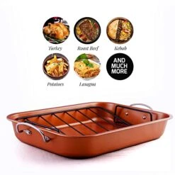 Ovente Kitchen Oven Roasting Pan Nonstick Carbon Steel Baking Tray With V-Shaped Design Rack And Carving Knife Set, Easy Clean Dishwasher Safe & Cooking Roasting Turkey, Chicken, Copper CWR24619CO -Wilton Shop 51xALE1awpL