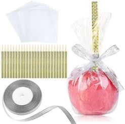 24 Pack Candy Apple Bamboo Sticks, Caramel Apple Wooden Bling Pointed Skewers,Food Sticks For Rice Krispy Treats Cookie Pops Brownies Homemade Corn Dogs With Glass Bag Glitter Ribbons Tie(Silver) -Wilton Shop 51xAzxOfoaL. AC