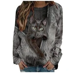 VODMXYGG Womens Long Sleeve Pullover Retro Cat Print Basic O-Neck Sweatshirt Blouse Casual Fashion Loose Fit Tops