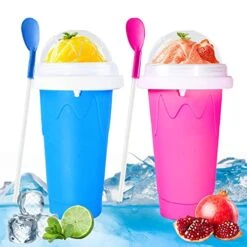 Slushy Maker Cup,Slushy Maker Squeeze Cup,Quick Frozen Smoothies Cups Frozen Magic Cup,Summer Juice Ice Cream Cup,DIY Homemade Smoothie Cups,Reusable Silicon Ice Cup With Straw Spoon 2PCS Blue+Red