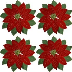4 Pieces Holiday Christmas Placemats Set Of 4 Applique Poinsettia Red With Green Embroidered Flower Doily For Home Xmas Party Table Top Decoration,Round14inch（36cm）
