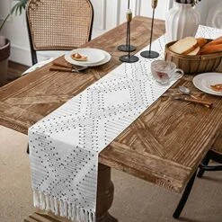 Boho Table Runner, Farmhouse Cotton Woven Fringe Coffee Table Runner With Tassel, Geometric Black And White Table Runner, Machine Washable Dinning Table Linen For Wedding Party Table Decor,14 X 72 In