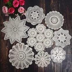 8Pcs 100% Cotton Hand Crochet Doilies ， Varied Sizes, 5-10 Inches For Table Decoration Vintage Wedding Tea Party (Beige)