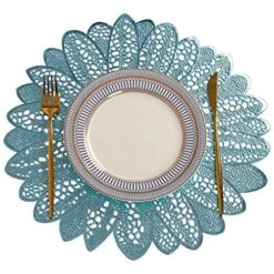 Round Placemats Set Of 4 Pressed Vinyl Metallic Blue Place Mats Wipe Clean For Dinner Table, Heat Resistand PVC Tablemats Home Decor Non Slip Place Mats 15 Inches (Sun Flower) -Wilton Shop 617TtBKTc6L
